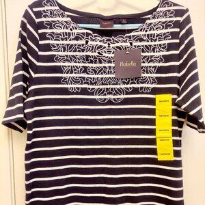 Rafaella Embroidered Blouse Womens short/Elbow Sleeve white black striped top, M